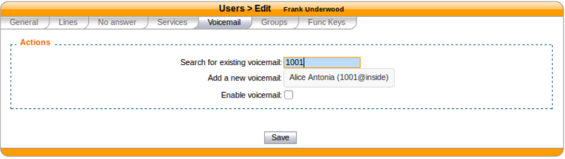 Search for a voicemail in the user's configuration